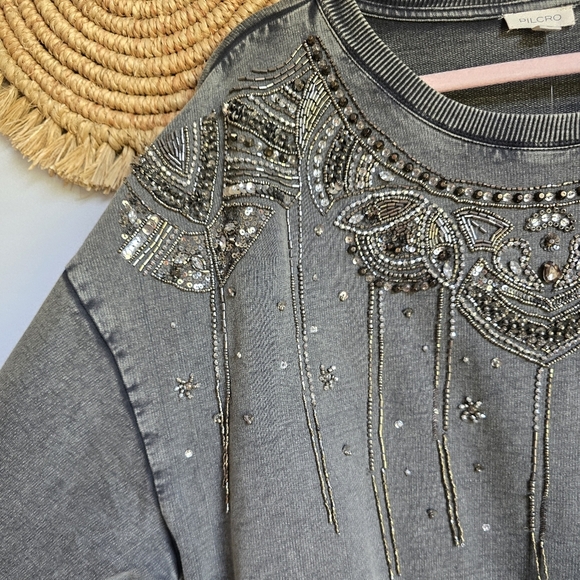 Anthropologie, New Pilcro Embellished Beaded Graphic Gray Sweatshirt SZ Large - Picture 4 of 16